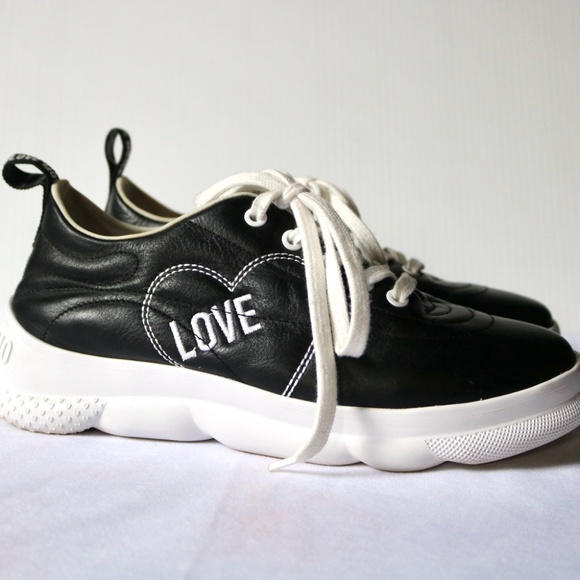Love Moschino Black Leather Sneakers Running Shoes Heart Lace Up Women's 8 - Picture 2 of 11